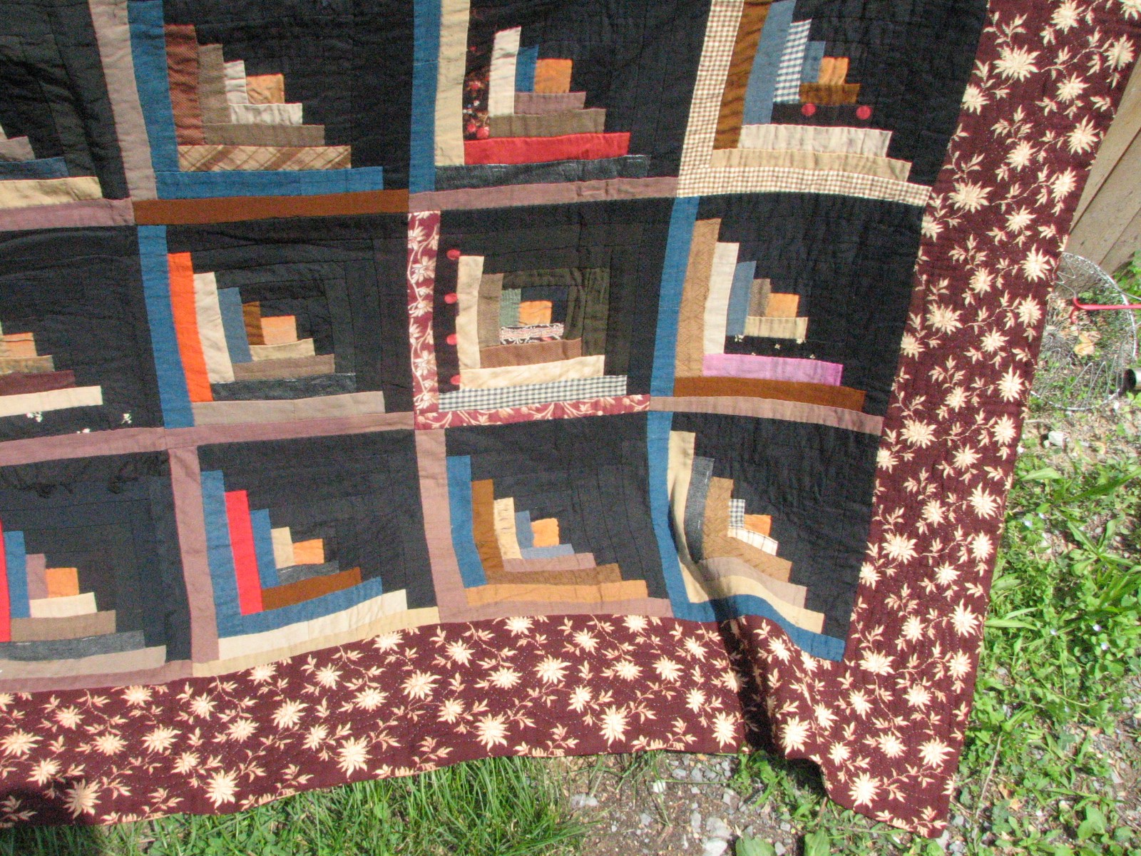 antique-log-cabin-patchwork-quilt-74-by-85-hand-stitched-fields-furrows-b-ebay