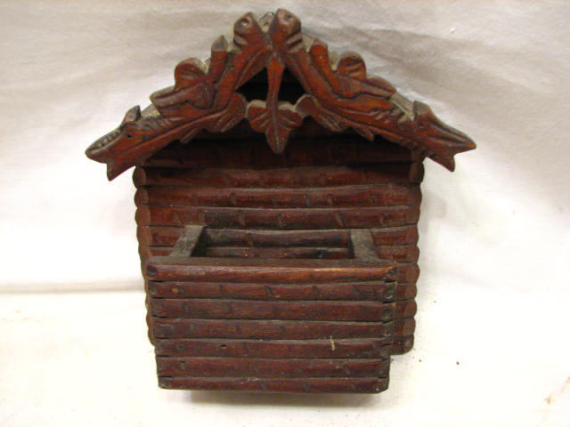 TRAMP ART CARVED WOOD WALL POCKET MATCH SAFE HOLDER  