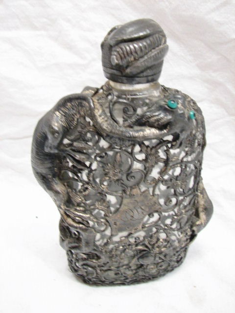 ANTIQUE SILVER METAL OVERLAY WHISKEY RYE BOTTLE FLASK INSECT LIZARD 