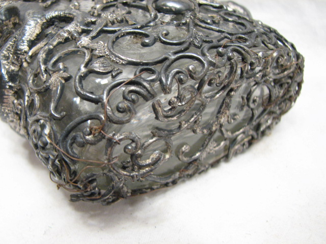 ANTIQUE SILVER METAL OVERLAY WHISKEY RYE BOTTLE FLASK INSECT LIZARD 