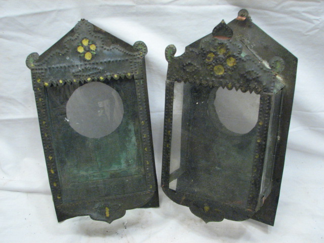 Pair Antique Punched Tin Folk Art Copper Sconce Wall Light Fixtures Housings
