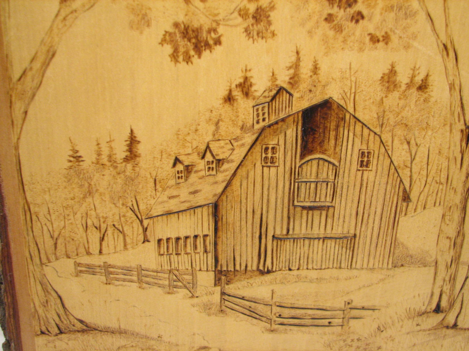 Pyrography Wood Panel Farm Barn Scene Wooden Flemish Art Signed Panel ...