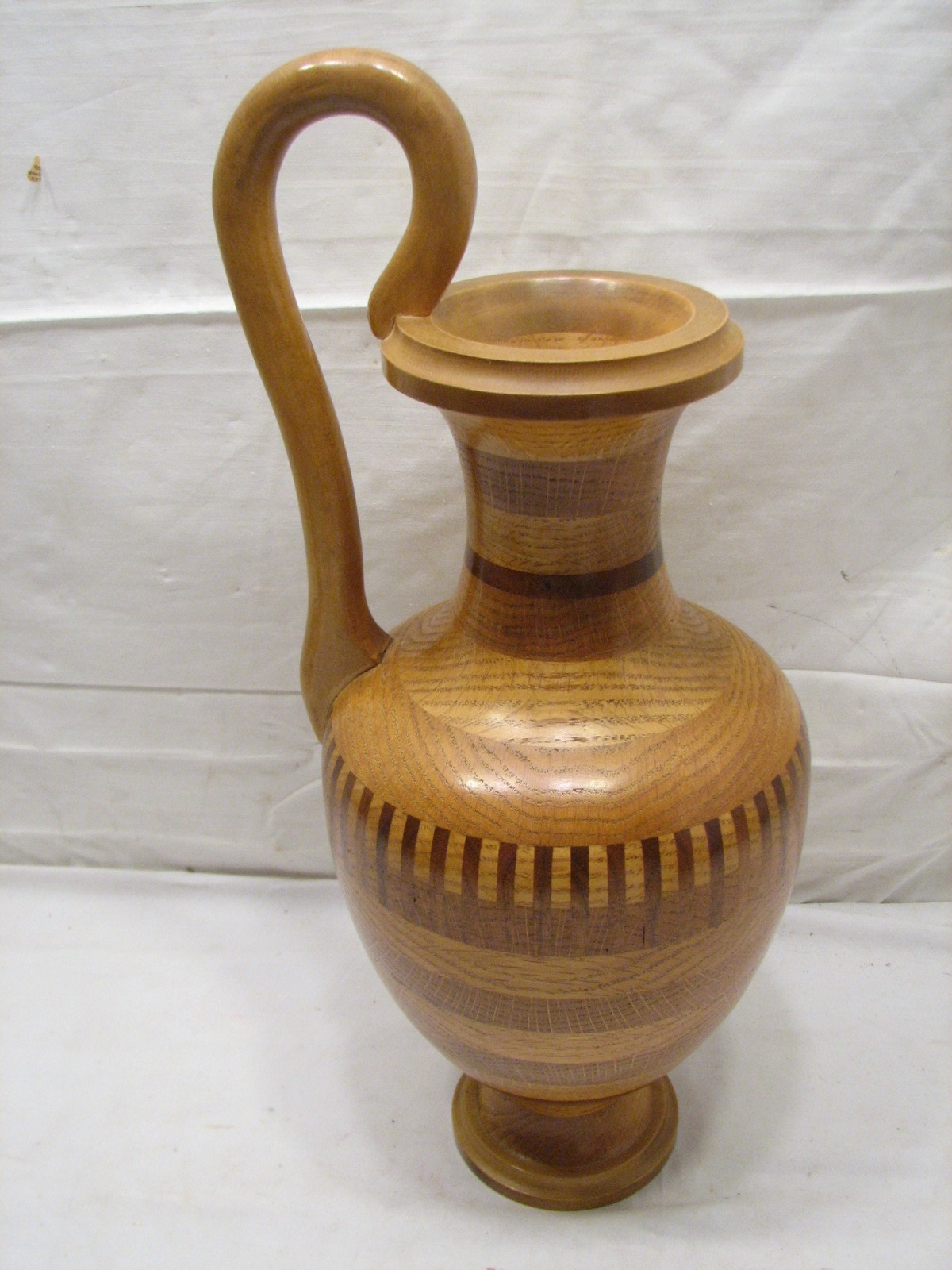 Vintage Turned Wooden Vase Urn Marquetry Wood Ewer Pitcher Kosman