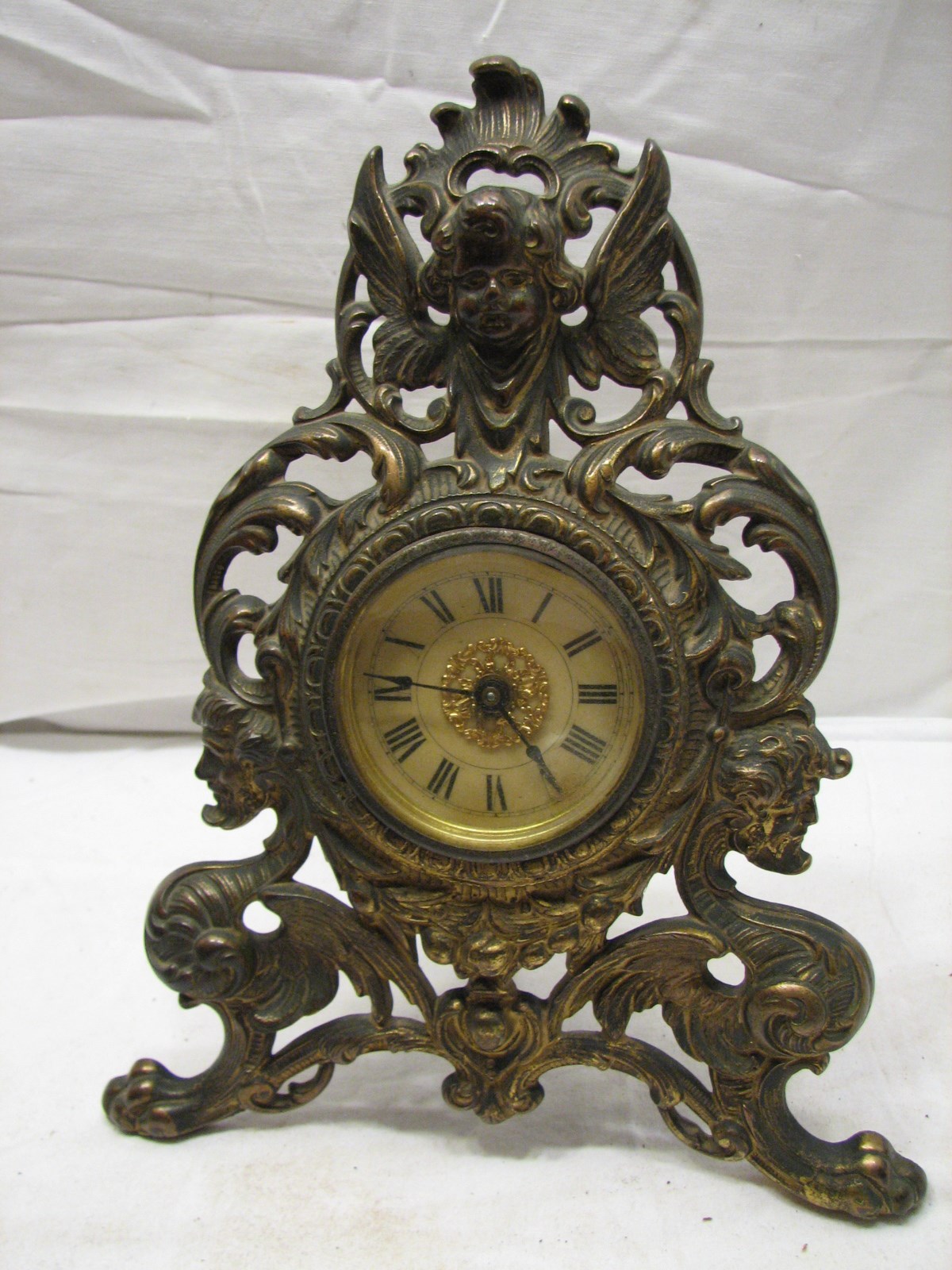 Antique Cast Iron Victorian Shelf Mantle Clock Ornate Cherub Beveled ...