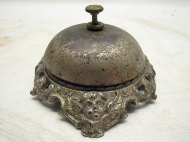 ANTIQUE IRON COUNTER BELL DECORATIVE CHERUBS ANGELS HOTEL CALL DESK 