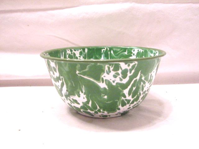 VINTAGE GREEN SWIRL EMERALD GRANITE ENAMEL WARE BOWL  