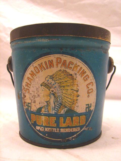 SHAMOKIN PACKING CO INDIAN 2LB PURE LARD TIN LITHO PAIL  