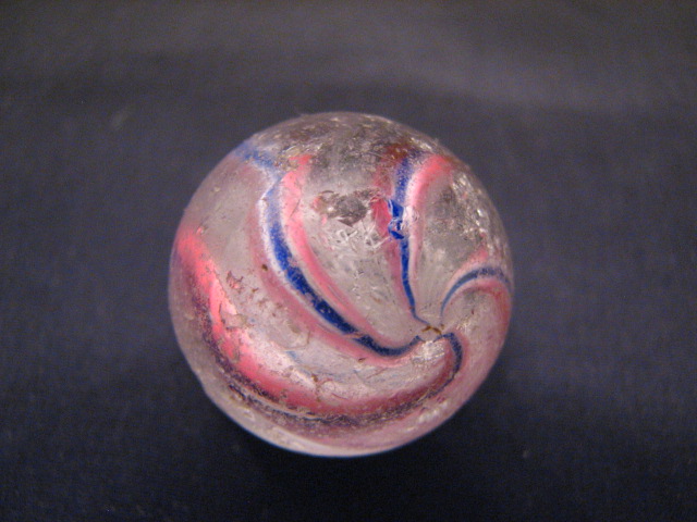 VINTAGE HAND MADE CAGED SWIRL 1 MARBLE PINK BLUE WHITE TOY LATTICINO 