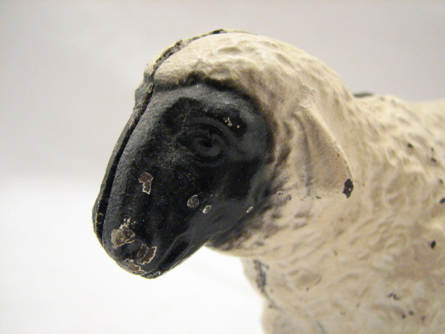 VINTAGE CAST IRON STILL SHEEP BANK CHILDS TOY PAINTED ANIMAL FIGURINE 